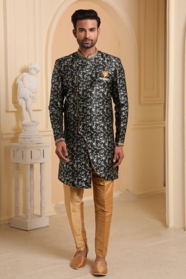 Black Jacquard Silk Reception Wear Readymade Indo Western For Men