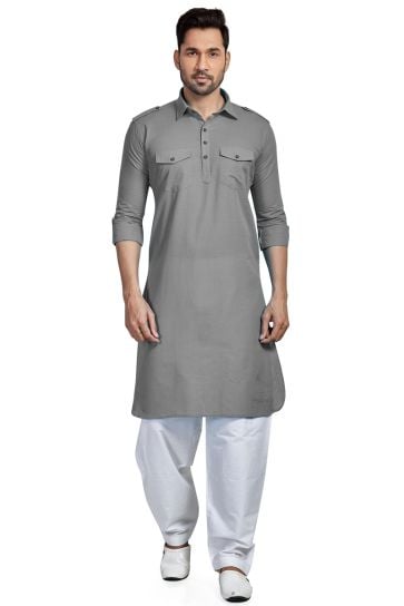 Cotton Fabric Function Wear Readymade Grey Color Pathani Style Kurta Pyjama For Men