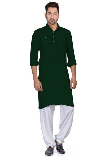Sangeet Wear Readymade Pathani Style Kurta Pyjama For Men In Cotton Dark Green Color