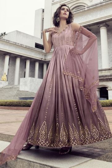 Enticing Sequins Work Pink Chinon Fabric Gown With Dupatta