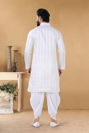 Lovely White Georgette Fabric Sangeet Wear Trendy Readymade Kurta With Dhoti For Men