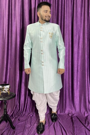 Reception Wear Sky Blue Color Fancy Jacquard Fabric Readymade Peshawari Style Indo Western For Men