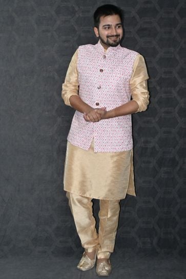 Gorgeous Art Silk Fabric Reception Wear Readymade Kurta Pyjama For Men With Pink Color Jacket