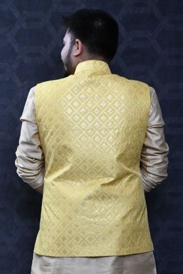 Gorgeous Art Silk Fabric Reception Wear Readymade Men Yellow Color Jacket