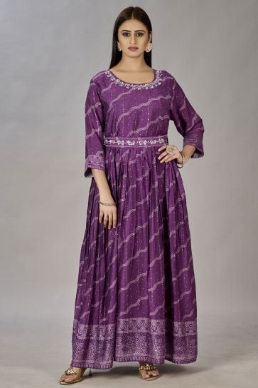 Contemporary Purple Color Art silk Fabric Readymade Gown With Embroidered Work