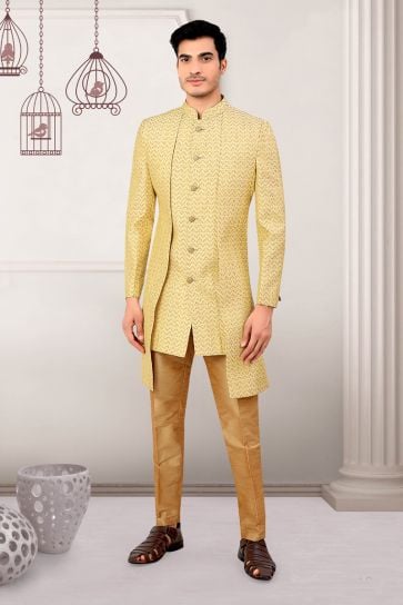 Beige Jacquard Indo Western Set for the Fashionable Man