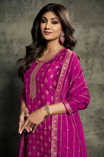 Shilpa Shetty Magenta Cololr Embroidered Jacquard Fabric Designer Straight Cut Long Salwar Suit