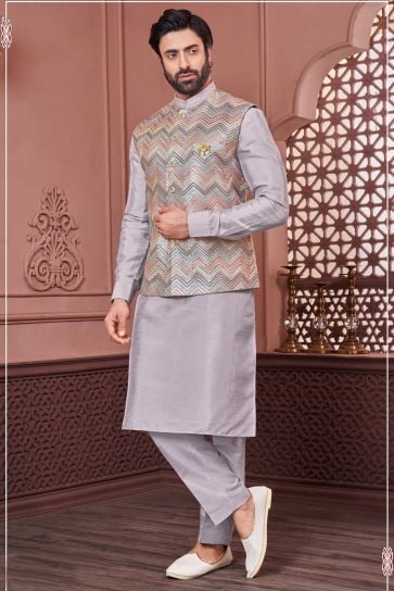 Banarasi Silk Grey Function Wear Readymade Glamorous Embroidery Work Kurta Pyjama For Men With Jacket