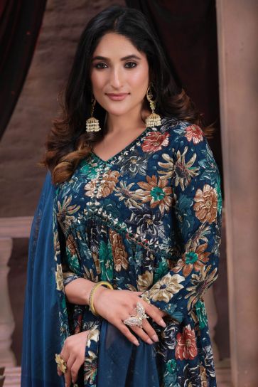 Navy Blue Color Festive Wear Printed Anarkali Salwar Suit In Rayon Fabric