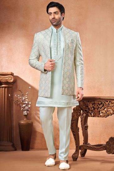 Light Cyan Embroidery Work Gorgeous Banarasi Silk Fabric Wedding Wear Readymade Indo Western Jodhpuri Suit For Men