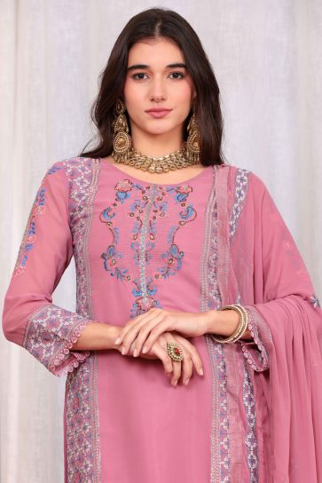 Function Wear Pink Color Inventive Palazzo Suit In Georgette Fabric