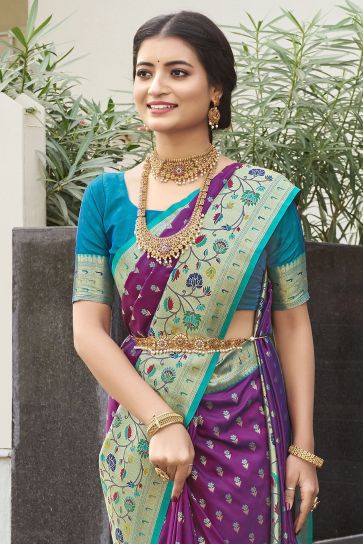 Purple Color Kanchipuram Silk Fabric Glamorous Look Meenakari Work Saree