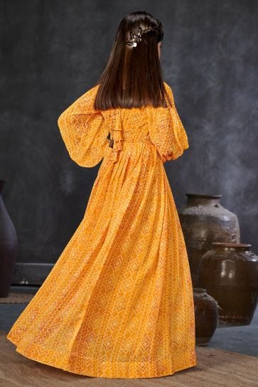 Gorgeous Mustard Color Georgette Fabric Printed Function Wear Readymade Kids Gown