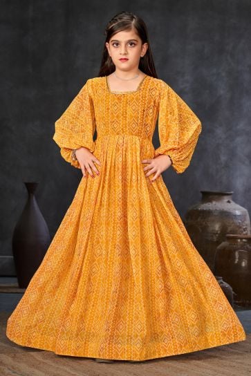 Gorgeous Mustard Color Georgette Fabric Printed Function Wear Readymade Kids Gown