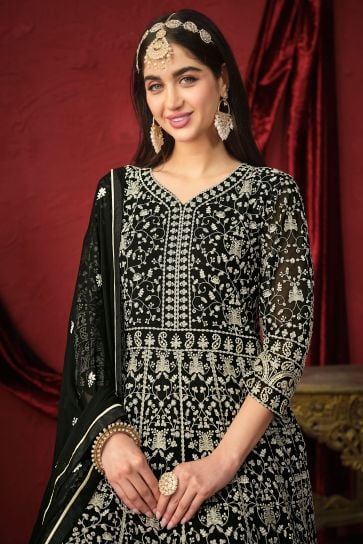 Classic Black Color Embroidered Anarkali Suit In Georgette Fabric