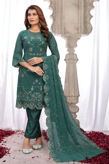 Georgette Fabric Embroidered Sequins Work Beatific Salwar Suit In Teal Color