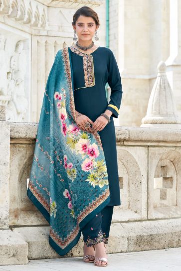 Casual Wear Teal Color Rayon Fabric Miraculous Readymade Embroidered Kurti Pant With Dupatta