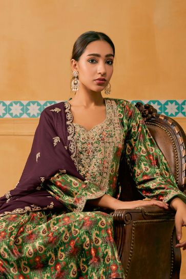 Digital Print Festive Wear Designer Salwar Kameez In Velvet Fabric Green Color