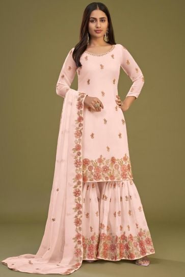 Georgette Fabric Embroidered Festive Wear Palazzo Suit In Peach Color