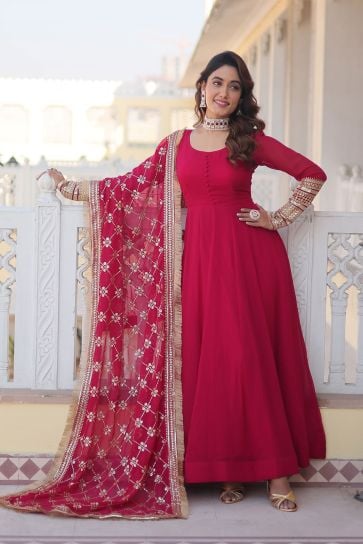 Attractive Georgette Fabric Pink Color Readymade Gown With Dupatta In Function Wear