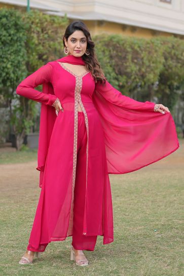 Georgette Fabric Pink Color Attractive Party Wear Readymade Palazzo Suit