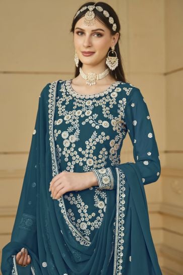 Alluring Georgette Fabric Teal Color Party Style Palazzo Suit