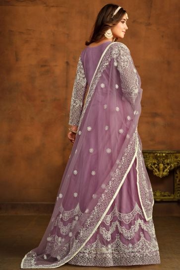 Net Fabric Fancy Embroidered Festive Wear Anarkali Salwar Kameez In Lavender Color