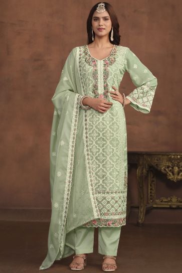 Organza Fabric Sea Green Color Glamorous Festive Wear Embroidered Work Salwar Suit