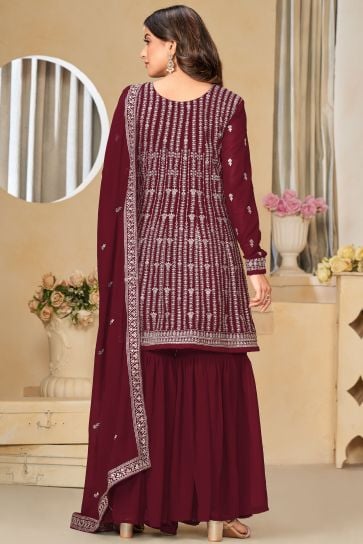 Maroon Color Embroidered Work On Engaging Georgette Fabric Palazzo Suit