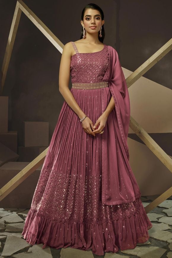 Full Length Light Pink Party Wear Gown With Digital Print Dupatta Anarkali Style  Gown in USA, UK, Malaysia, South Africa, Dubai, Singapore