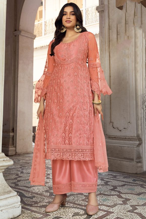 Peach Color Party Wear Fancy Unstitched Pakistani Sharara Suit –  fashionnaari