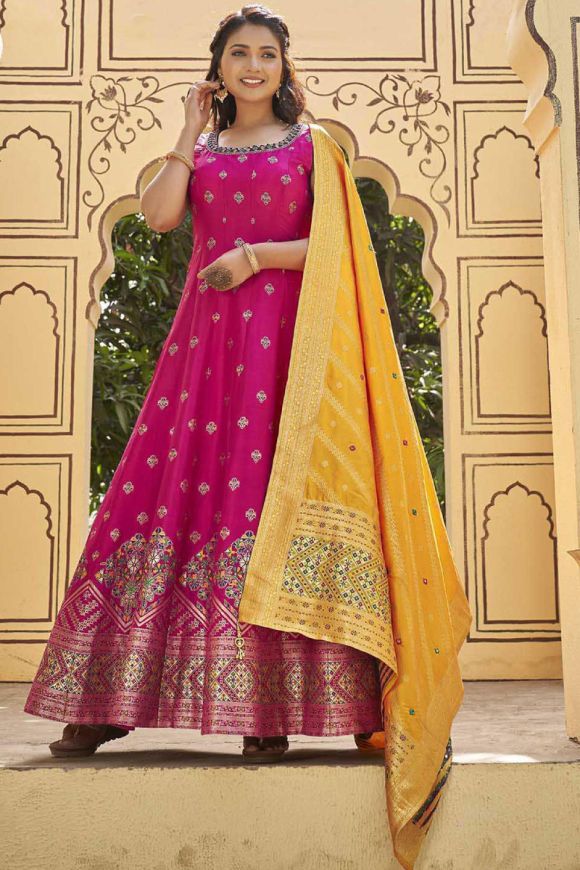 Rani Pink Sequence Work Gown with Dupatta – Nardev Fashion