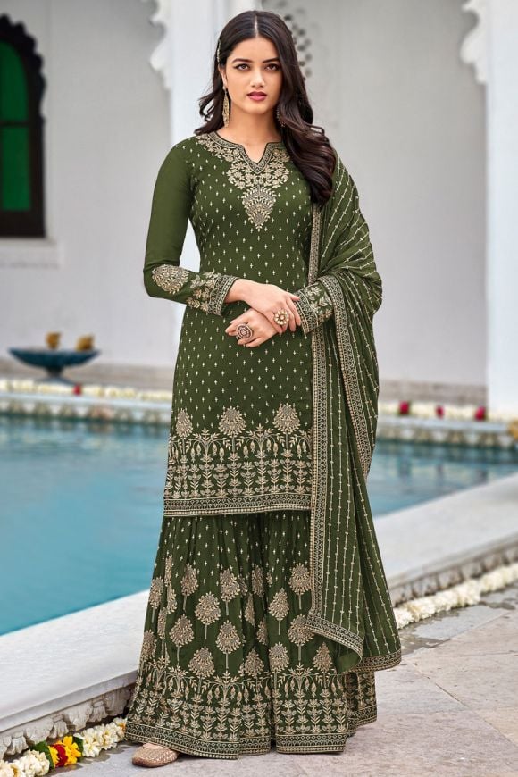 Mehndi Green Silk Sequins Embroidered Salwar Kameez Suit