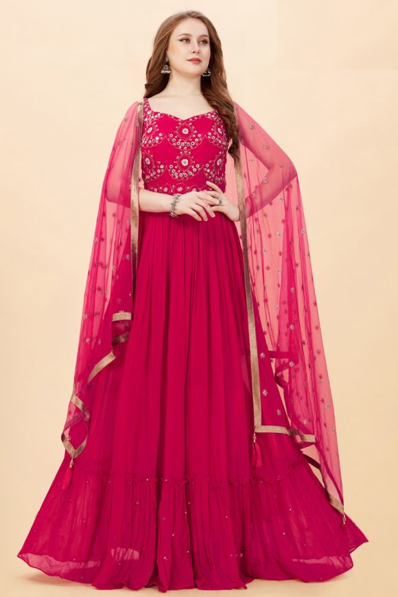 Exquisite Georgette Fabric Party Style Gown With Dupatta In Rani Color