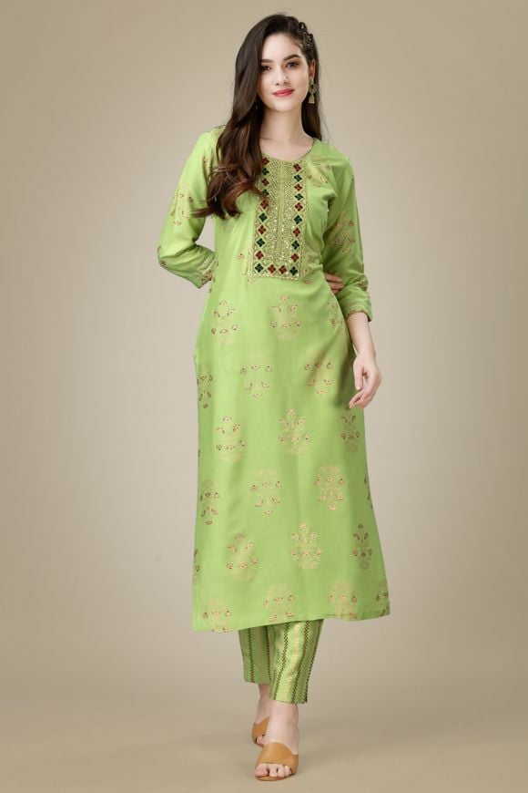 Viscose Muslin Straight Suit In Light Green Colour