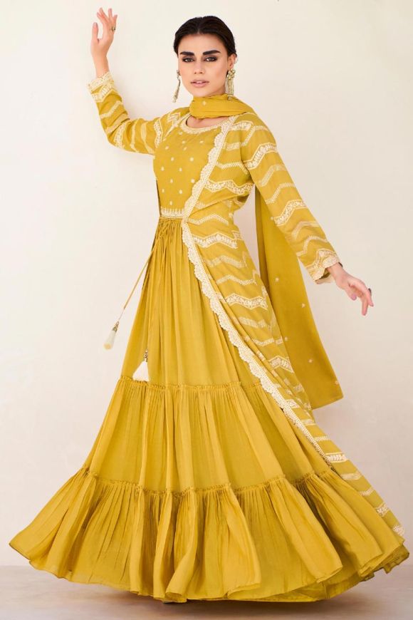 Fancy Yellow Color Multi Work Ruffle Style Gown | Gowns for girls, Ruffles  fashion, Kids gown
