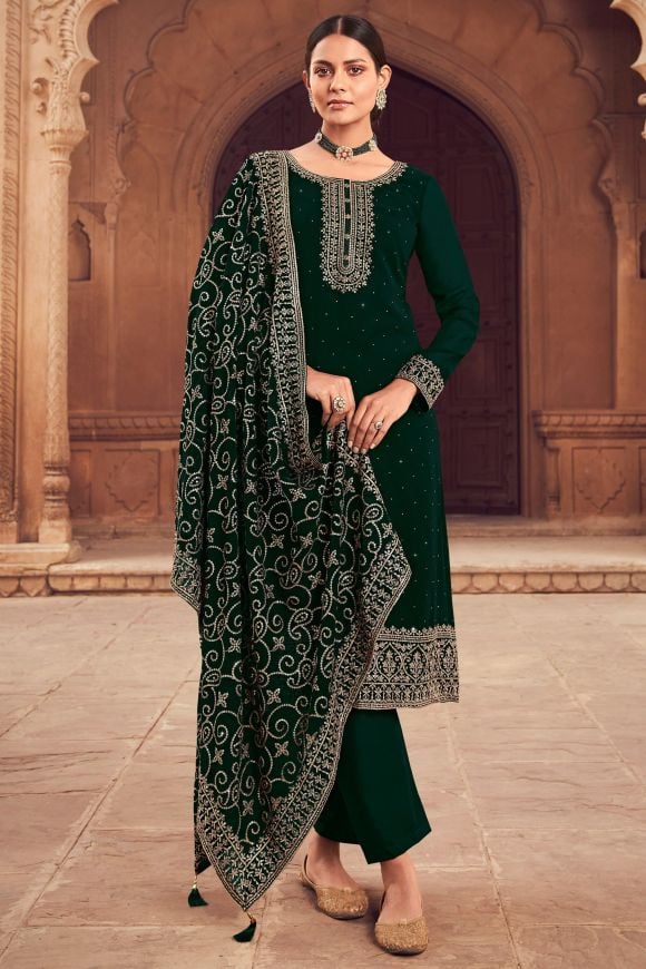 Buy Faux Georgette With Embroidery Designer Palazzo Suit Dark Green Color  Suit at Rs. 1599 online from Surati Fabric designer suits : SF-FGE-DPS-DG