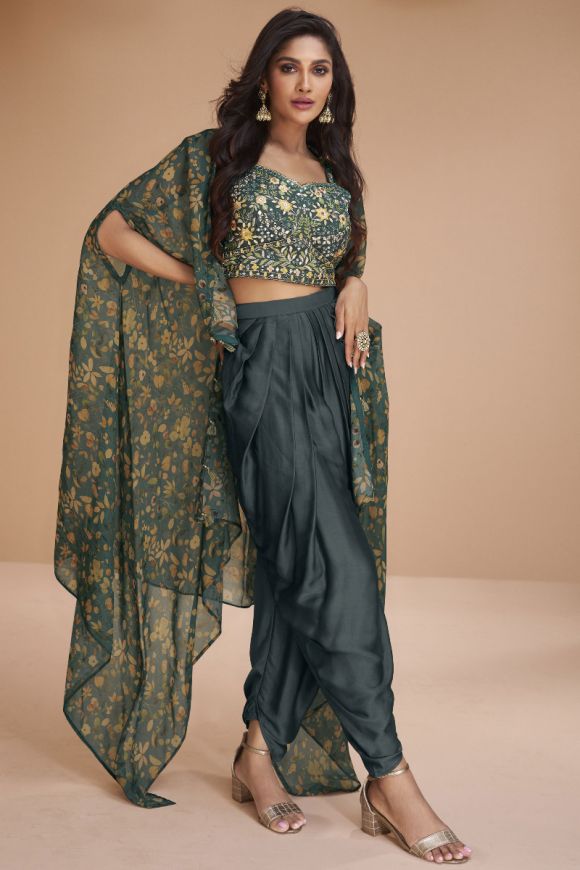Olive Green Satin Indo Western Dhoti Pants with Top And Shrug LSTV125791