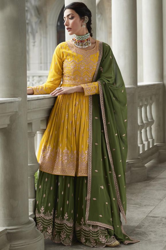 Green and Yellow Color Combination Designer Navratri Chaniya Choli ::  ANOKHI FASHION