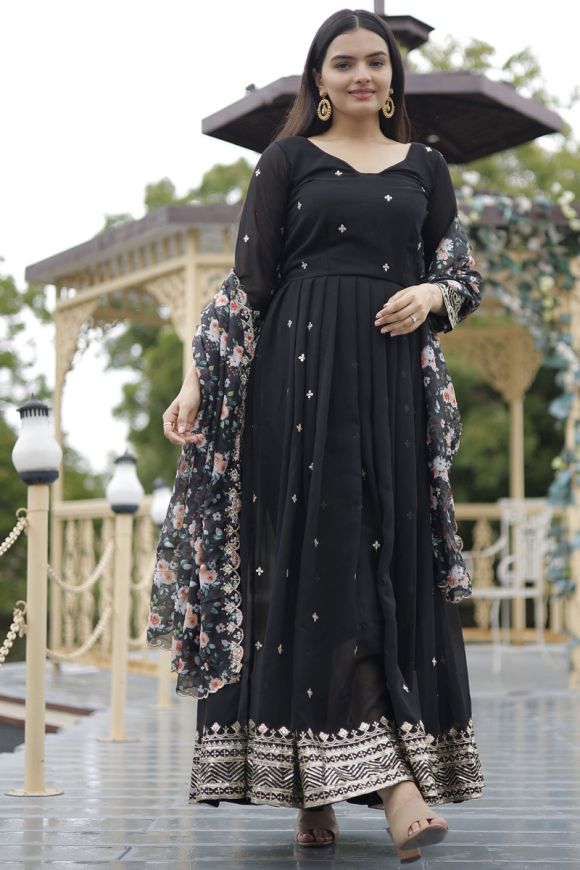 Premium Readymade Designer Sky Blue Flower Print Gown Dupatta With Belt