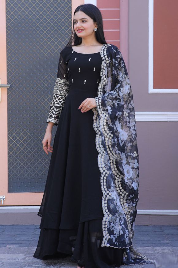 Buy Black Gown with Thread-Embroidered Dupatta From Ethnic Plus
