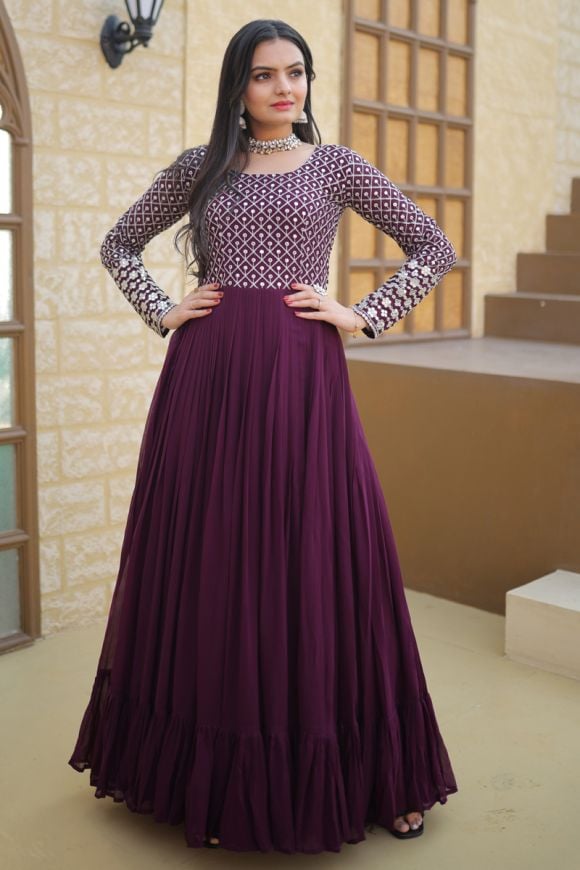 Beautiful Sequins Work Wine Color Long Gown - Clothsvilla