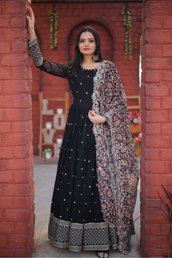 Glorious Black Color Gown With Embroidery Work Shrug – Amrutamfab