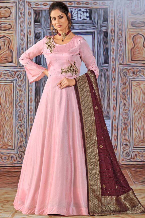 Pink Chikankari Anarkali Suit Set – Navvi.in